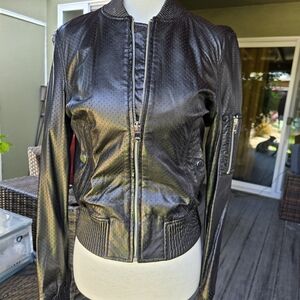 Native Stranger Black Perforated Faux Leather Bomber Jacket – Size Small